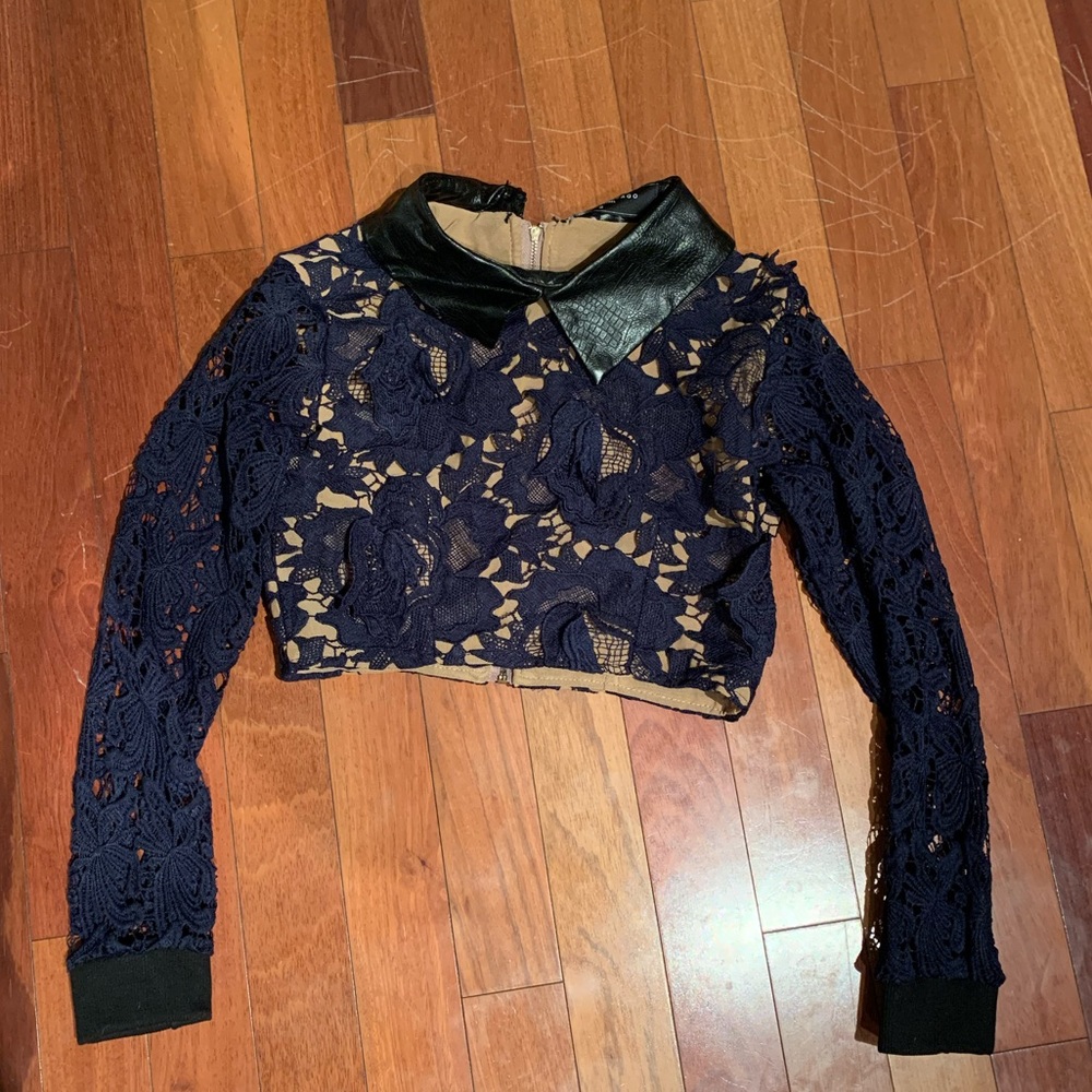 Lace and leather detail crop top